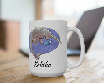 Narwhal Reading Book Lover Mug 15oz Customize Personalized Name for teacher mom child librarian for her Custom office gift books