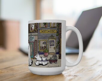 Swoopy Ghost in a bookstore town illustrated 15 ounce ceramic white mug bookish books book core reader library teacher gift halloween spooky