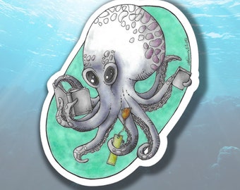 Reading Octopus Vinyl Sticker water bottles laptops tablets suitcases skateboards gift for teachers librarians book lovers traditional art