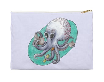 Reading Octopus Cartoon Illustration Travel Accessory Makeup Pencil Pouch zipper bag 8.25 inches wide Book cosmetics