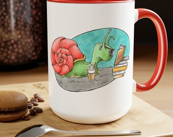 Reading Snail Bookish Books Sea Life Librarian Teacher Gift Housewarming Two-Tone Coffee Mugs, 15oz