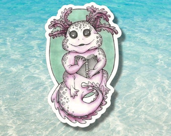 Axolotl Reading Books Vinyl Sticker Gift for Kids Librarians Teachers Traditional Illustration Art Great for Water Bottles Tablets Laptops