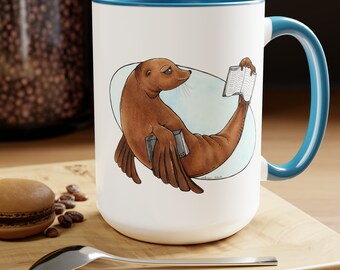 Sea Lion Book Lover Reader Blue and White Two-Tone Coffee Tea Mugs, 15oz Gift for teacher, librarian, kids