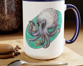 Octopus Reading Book Mug Two-Tone Coffee Mugs, 15oz Teacher Librarian Book Lover Children Gift Navy White