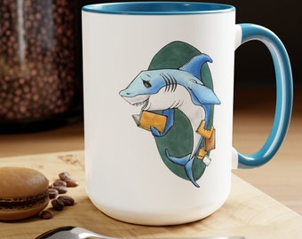 Reading Shark Traditional Artwork Two-Tone Ceramic Coffee Mugs, 15oz Blue Gift for Teachers Book Lovers Librarians bookish book haul