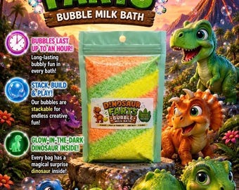 Kids Milk Bath - Dinosaur Farts-Glow in the dark Dinosaur toy inside-Bubble Milk Bath - Boys Bath - Childrens Milk Bath - Bubble Gum Bath