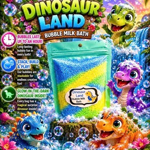 May include: A teal pouch of Dinosaur Land Bubble Milk Bath featuring blue, yellow, and green granules. The label displays the text Dinosaur Land Bubble Milk Bath with a small dinosaur graphic. The packaging is surrounded by cartoon dinosaurs.