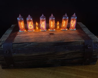 Large Nixie tube clock with IN14 tubes. Rustic, handcrafted wooden case with rusty fittings. Vintage table clock.
