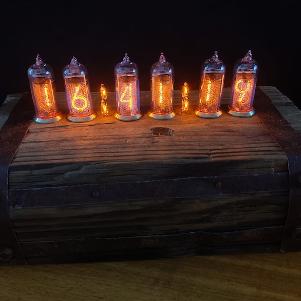 Large Nixie tube clock with IN14 tubes. Rustic, handcrafted wooden case with rusty fittings. Vintage table clock.