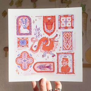 Square Art Print 21x21cm "The Magic Gallery" - Medieval Fantasy Vignette Collection - Stylized Dragon & Portraits - 300gsm Matte Paper - DnD