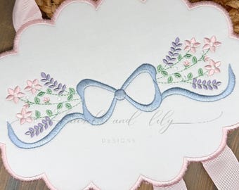 Floral Bow Machine Embroidery Design, Flowers with Long Tail Bow Embroidery Design (Digital Download)