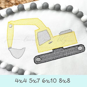 May include: Embroidered design of a yellow excavator with a black track and gray bucket. The design is available in four sizes: 4x4, 5x7, 6x10, and 8x8 inches.