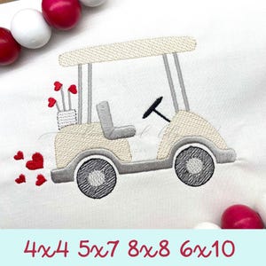 Haft wózka golfowego Valentine, Projekt haftu maszynowego, Wypełnienie szkicu wózka golfowego, Haft serc golfowych, Kije golfowe