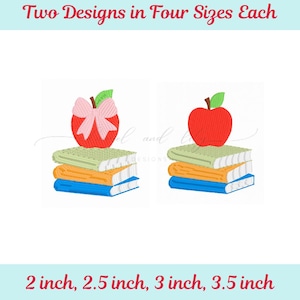 May include: Two embroidered apple designs atop stacks of books. One apple has a pink bow, the other is plain. The text at the top reads "Two Designs in Four Sizes Each." The bottom text reads "2 inch, 2.5 inch, 3 inch, 3.5 inch."