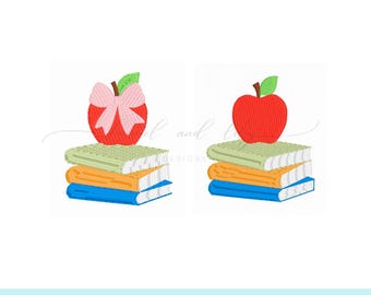 Mini Book Stack with Apple Embroidery, Books and Apple Fill Stitch, Machine Embroidery Design, Back to School Embroidery, Quick Stitch