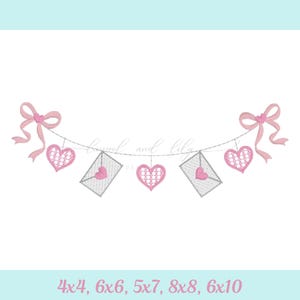 Hearts and Valentines Bunting, Valentine Banner, Machine Embroidery Design, Embroidered Name Frame, Heart and Bow Sketch Design, Bean Stitch image 2