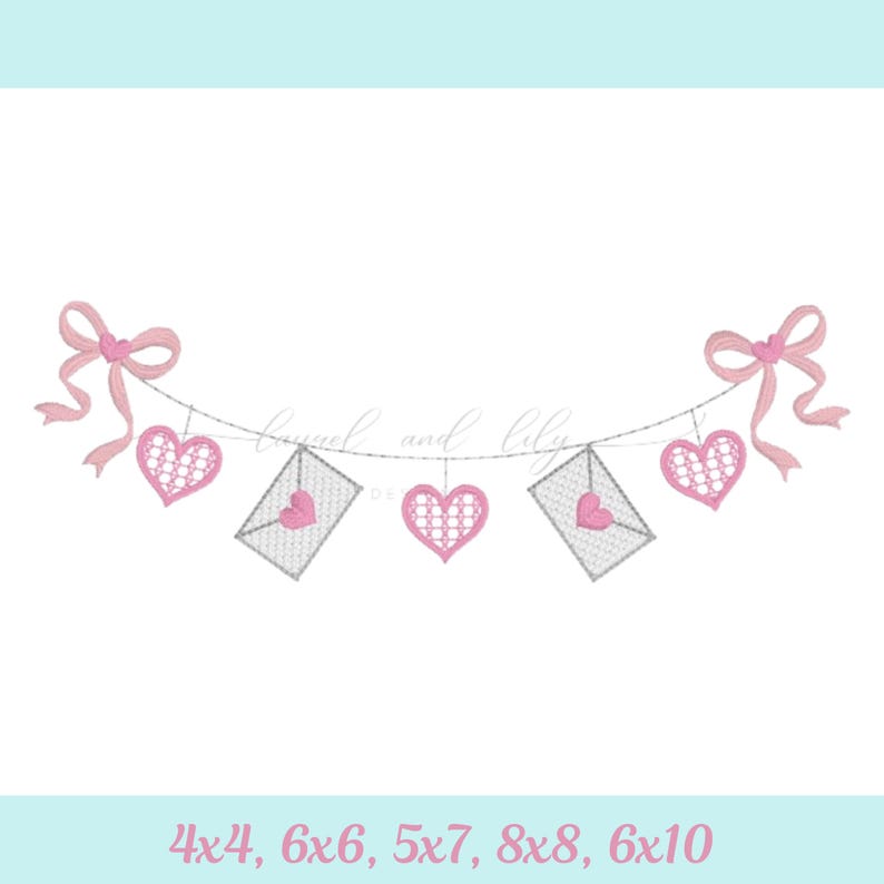 Hearts and Valentines Bunting, Valentine Banner, Machine Embroidery Design, Embroidered Name Frame, Heart and Bow Sketch Design, Bean Stitch image 2
