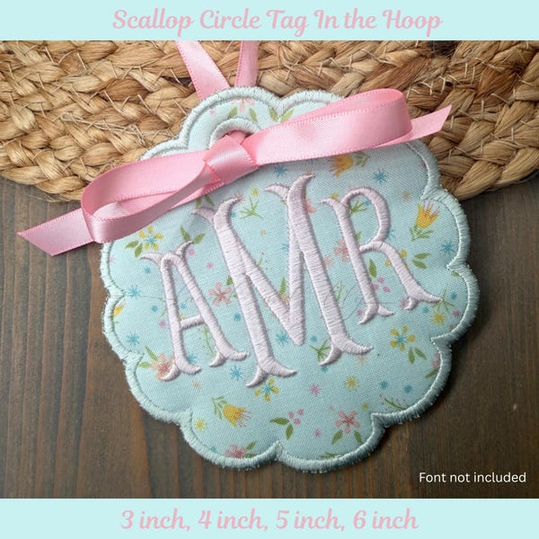 Scallop Circle Tag Machine Embroidery Design, In the Hoop Bag Tag Embroidery (Digital Download)