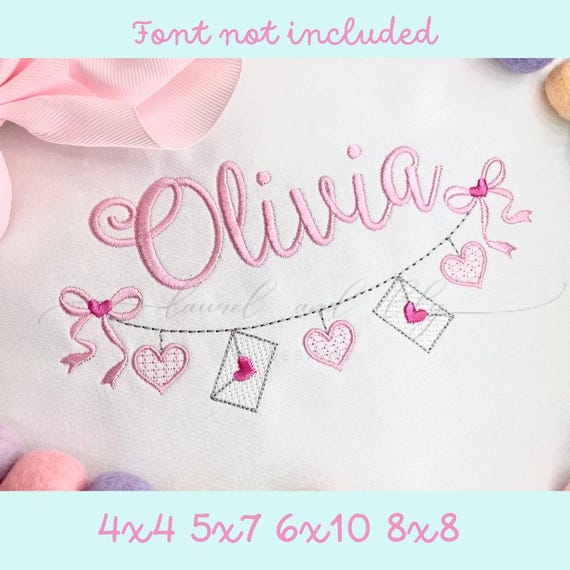 Hearts and Valentines Bunting, Valentine Banner, Machine Embroidery Design, Embroidered Name Frame, Heart and Bow Sketch Design, Bean Stitch