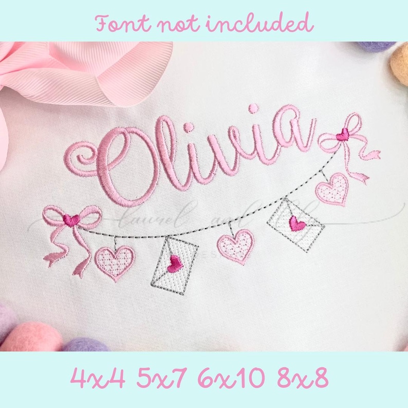 Valentine bunting with hearts hanging from it alternating with envelopes. A bow on each end with a heart in the middle of the bow knot.