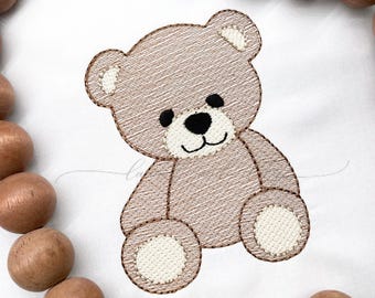May include: Embroidered teddy bear design in shades of brown and cream, with black eyes and a stitched outline. The text at the bottom reads "3 inch, 4 inch, 5 inch, 6 inch".