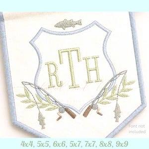 May include: Embroidered banner with a light blue border and a shield design. The shield features the letters "RTH" in green, a fish at the top, and two fishing rods with fish and leaves. The banner is available in various sizes.