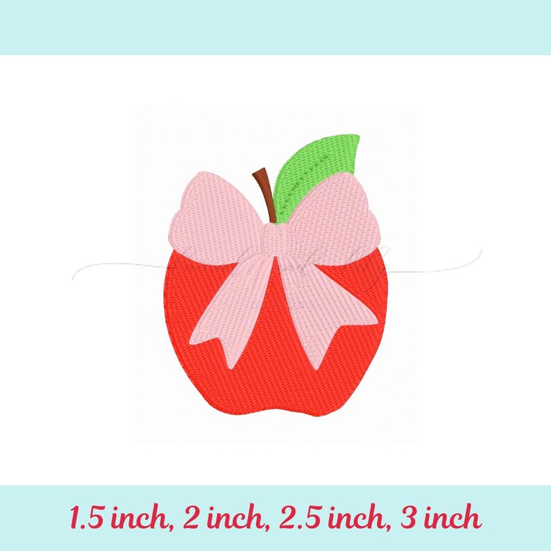 May include: Embroidered red apple with a pink bow and green leaf. The apple has a brown stem. Text at the bottom reads: 1.5 inch, 2 inch, 2.5 inch, 3 inch.