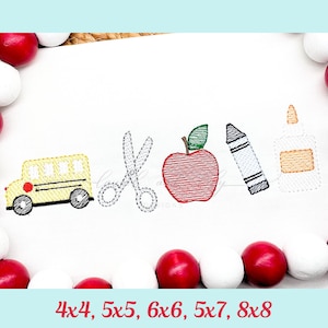 School Embroidery, Machine Embroidery Design, School Bus, Scissors, Apple, Crayon, Glue, Sketch Fill Stitch, School Supplies, Back to School