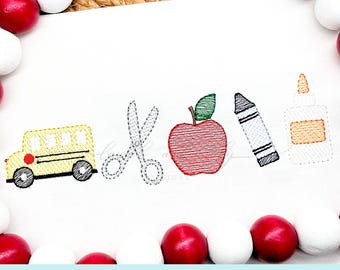 School Embroidery Design: School Bus, Apple, Crayon (Digital Download)