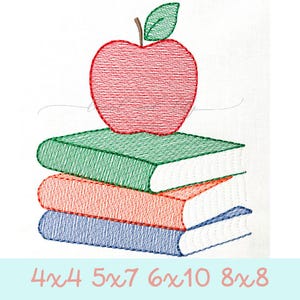 May include: A red apple sits on top of a stack of three books. The books are green, orange, and blue. The image includes the text "4x4 5x7 6x10 8x8".