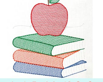 Books Embroidery Design, Apples and Book Stack Sketch Embroidery, Machine Embroidery, Back to School Embroidery, Digital Download