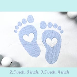 May include: Embroidered baby footprints in light blue, each with a heart-shaped cutout. The design is on a white background. The text at the bottom reads: 2.5 inch, 3 inch, 3.5 inch, 4 inch.