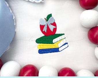 Diseño de bordado de pila de libros con lazo de manzana: Bordado a máquina para la vuelta al cole (descarga digital)