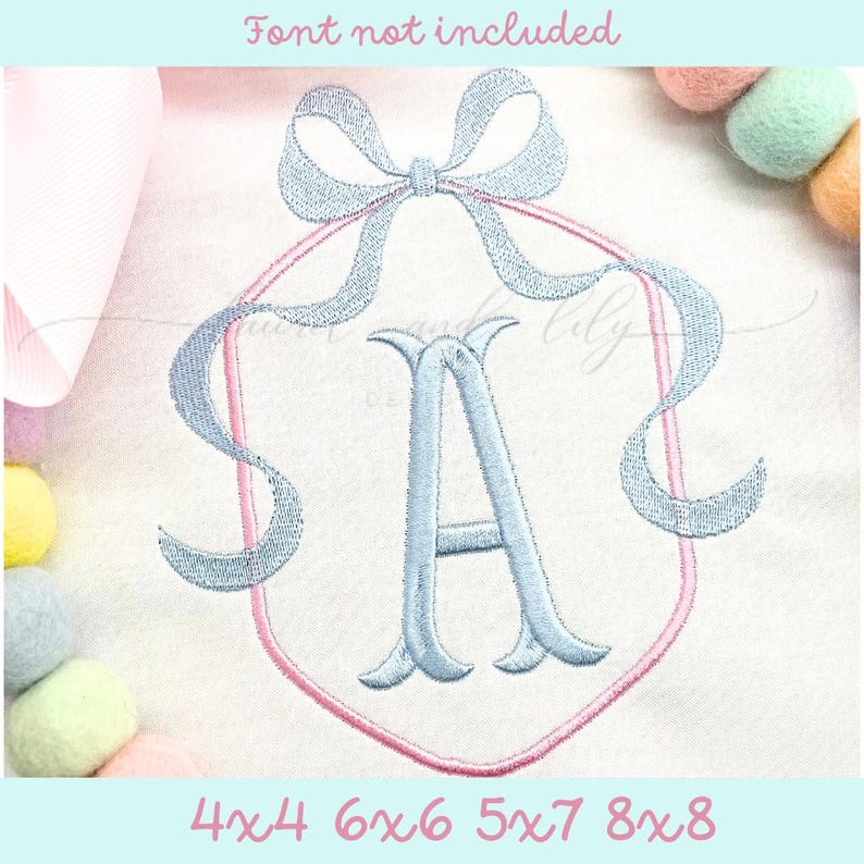 May include: A light blue monogram with a letter "A" in a pink hexagonal frame with a light blue bow on top. The monogram is available in four sizes: 4x4, 6x6, 5x7, and 8x8.