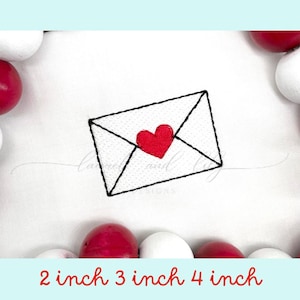 May include: A black and white outline of an envelope with a red heart inside. The envelope is 2 inches, 3 inches, and 4 inches in size.
