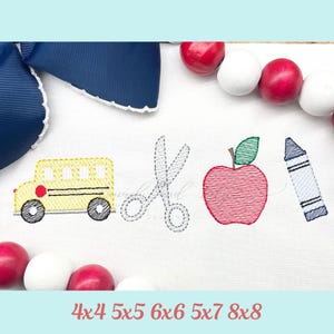 School Embroidery, Machine Embroidery Design, School Bus, Scissors, Apple, Crayons, Sketch Fill Stitch, School Supplies, Back to School