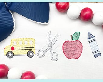 School Embroidery, Machine Embroidery Design, School Bus, Scissors, Apple, Crayons, Sketch Fill Stitch, School Supplies, Back to School