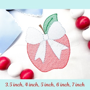 Apfel mit Schleife Stickerei, Apfel Skizze Füllstich, Maschinenstickerei, Obst Stickerei, Schulstickerei, langer Bogen Apfel