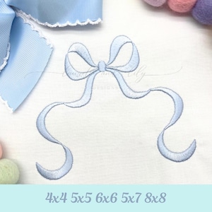 May include: A light blue embroidered bow design with long flowing ribbons. The bow is centered on a white background, with a larger blue ribbon in the upper left corner. Text at the bottom reads "4x4 5x5 6x6 5x7 8x8".