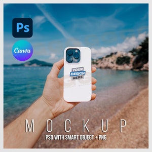iPhone Case Mockup, Phone Cover Mockup, Phone Mockup, Canva PNG Though Case Mockup, Smart Object PSD,  iPhone 15 14 13 12 Pro, Beach Mock Up