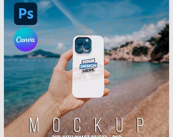 iPhone Case Mockup, Phone Cover Mockup, Phone Mockup, Canva PNG Though Case Mockup, Smart Object PSD,  iPhone 15 14 13 12 Pro, Beach Mock Up