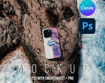 Maquette de coque pour iPhone, maquette de coque de téléphone, maquette de coque de téléphone PNG Canva, objet intelligent PSD, iPhone 15 14 13 12 Pro, maquette de plage