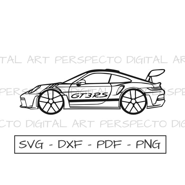 911 GT3 RS Seitenansicht Zeichnung Vektor Svg, 911 GT3 RS Sportwagen Silhouette Svg Umriss Zeichnung Dxf Png Aufkleber Aufkleber Glowforge CNC Laser Cut