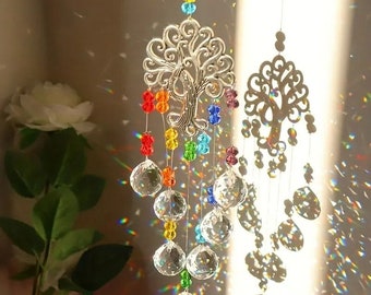 Árbol de la vida Suncatcher/Decoración encantadora de cristal/Vidrieras colgantes/Campanas de viento de cristal/Prisma de ventana arco iris