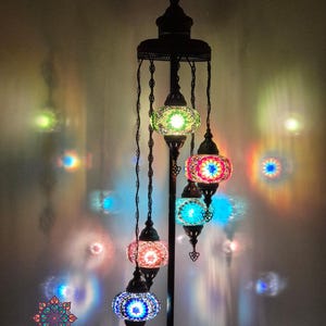 5 Globe Floor Lamps, Black Metal Details, Colorful Lighting, Medium Ball Turkish Mosaic Bedside Lamp, Moroccan, Ottoman Traditional Home