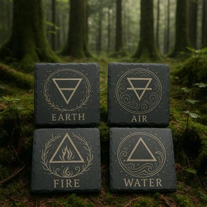 Elementar Schiefer Untersetzer - 4er Set | Erde, Luft, Feuer, Wasser | Okkultes Dekor | Witchy Trinkgefäß | Laser Gravierte Stein Untersetzer