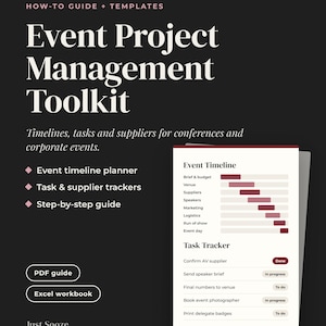 Puede incluir: Un kit de herramientas de gestión de proyectos para eventos con guías y plantillas sobre fondo negro. Incluye un planificador de cronogramas, rastreadores de tareas y proveedores, y una guía paso a paso en formatos PDF y Excel para eventos corporativos.
