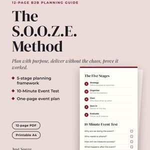 Könnte beinhalten: Ein 12-seitiger B2B-Planungsleitfaden mit dem Titel The S.O.O.Z.E. Method. Das Dokument enthält einen 5-stufigen Planungsrahmen, einen 10-minütigen Event-Test und einen einseitigen Event-Plan. Verfügbar als 12-seitiges PDF im A4-Format.