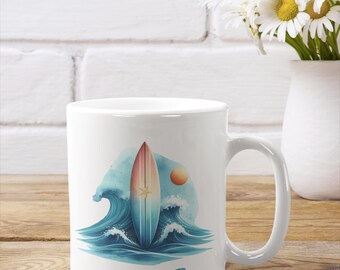 Surfboard Waves Coffee Mug: Beach Lover Gift, Coastal Decor