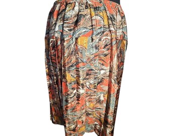 Vtg 80's Satin Abstract Print Pleated Midi Skirt in Orange and Tan
